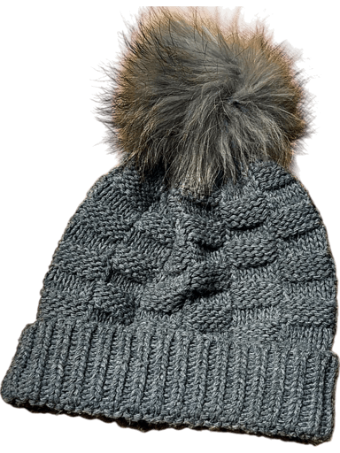 Grey Knitted Winter Beanie with Faux Fur Pom Pom