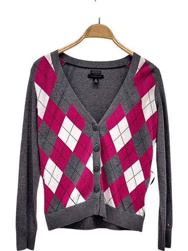 Tommy Hilfiger Grey Argyle Cardigan Sweater with Pink Pattern