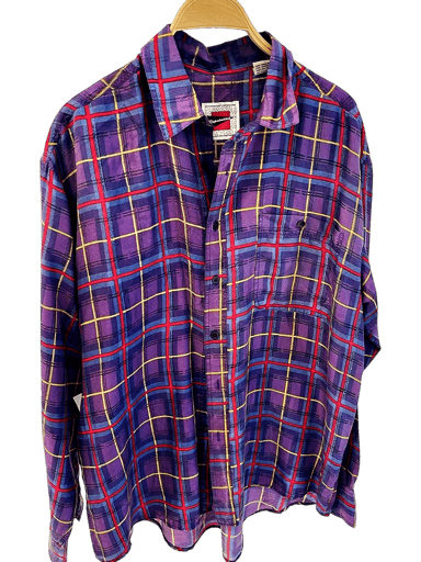 Colorful Purple Plaid Button-Down Shirt with Red and Blue Check Pattern