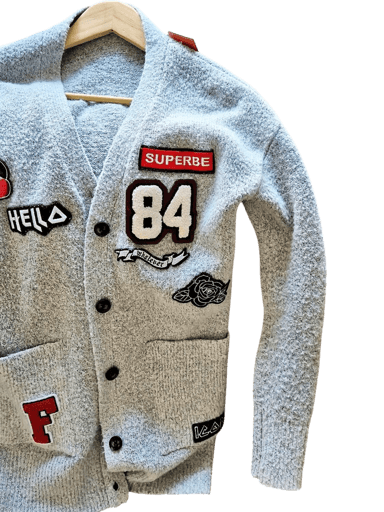 Grey Wool Varsity Bomber Jacket with Patches - Size XS