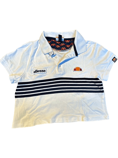 Ellesse Damen Crop Polo-Shirt - Weiß mit Navy Streifen - Größe UK 8/EU 36