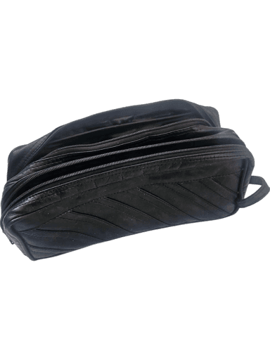 Black Leather Toiletry Bag with Diagonal Pattern