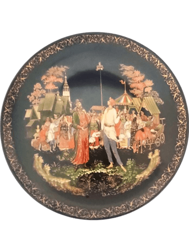 Vintage Russian Decorative Porcelain Plate with Folk Scene