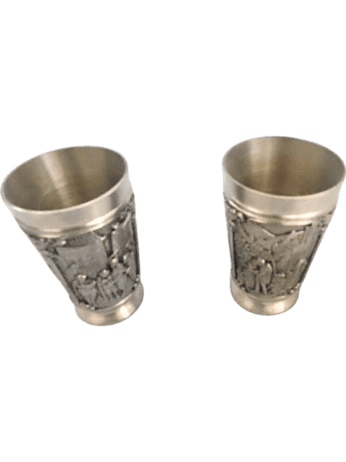 Vintage Decorative Pewter Shot Glasses with Embossed Designs - Set of 2