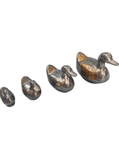 Vintage Set of 4 Pewter Duck Figurines with Matching Dishes