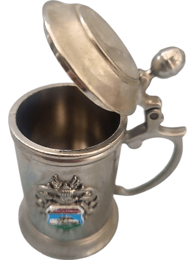 Vintage Miniature Pewter Beer Stein with Coat of Arms and Hinged Lid