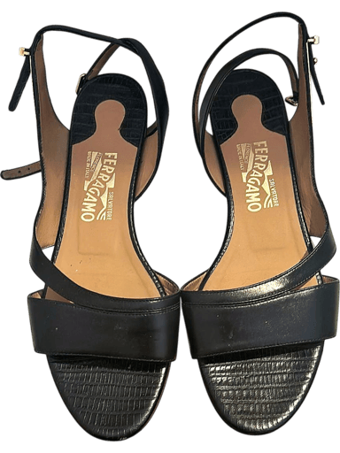 Salvatore Ferragamo Black Leather Slingback Sandals with Gold Hardware