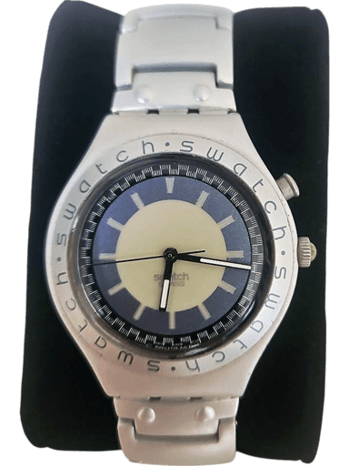 Swatch Irony Aluminium Armbanduhr - Silber mit blau-weißem Zifferblatt