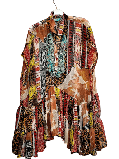 Patterned Long Sleeve Mini Dress with Animal Print