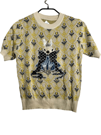 Beige Short Sleeve Knit Sweater with Decorative Bunny Appliqué