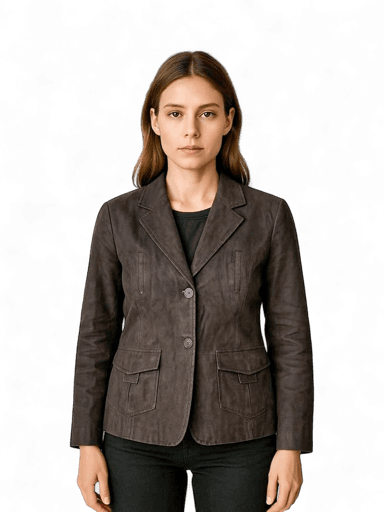 Women's Black Leather Blazer Jacket - Classic Button Front Design