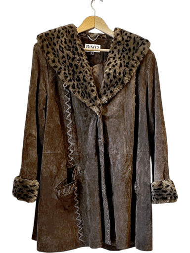 vintage 90s DINO'Z Brown Suede Coat with Leopard Print Fur Trim - Size 40