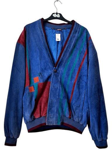 Vintage Zaspel Suede Bomber Jacket - Blue & Burgundy Colorblock Design