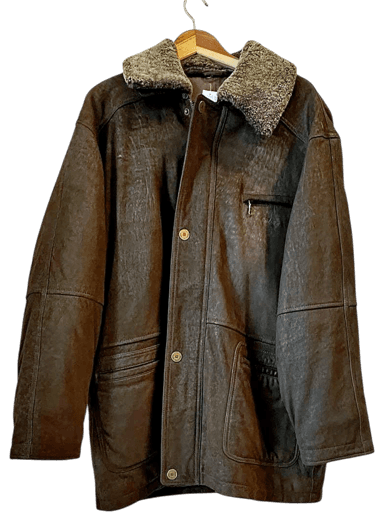 Camel Collection Brown Leather Jacket with Fur Collar - Size 54