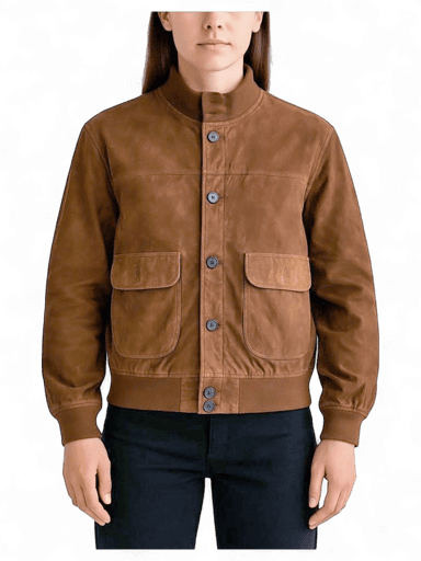 Brown Suede Bomber Jacket with Button Front