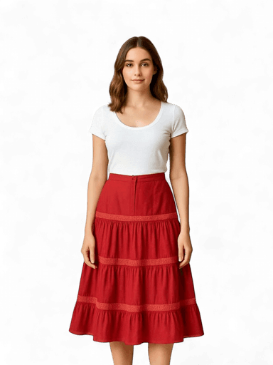 Red Tiered Midi Skirt with Decorative Trim - Bohemian Style