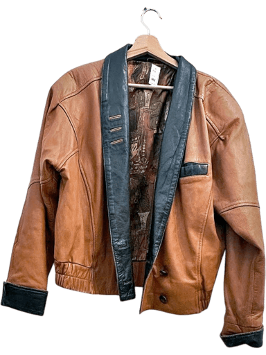 Vintage 80's Brown Leather Jacket with Black Collar