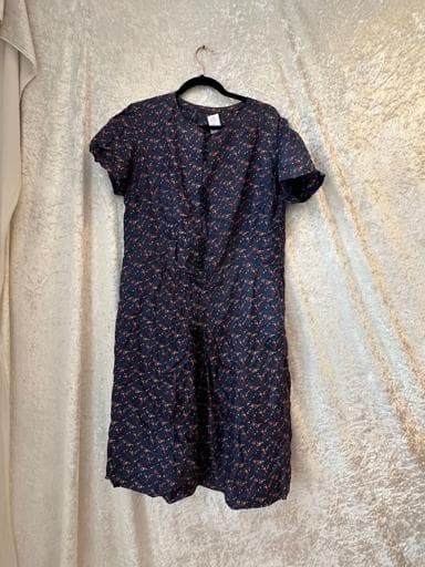 Vintage 70's Navy Floral Print Dress - Short Sleeve V-Neck Shift Dress