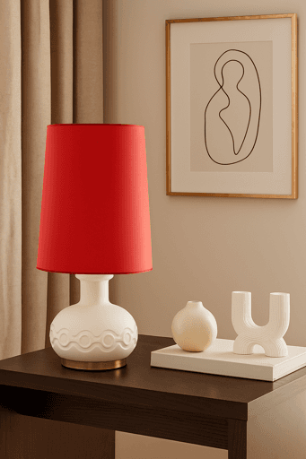 Vintage Tischlampe mit weißem Sockel und pinkem Schirm