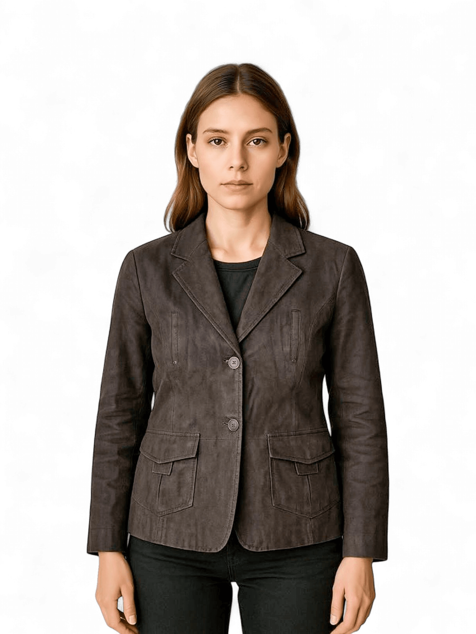 Women's Black Leather Blazer Jacket - Classic Button Front Design 1