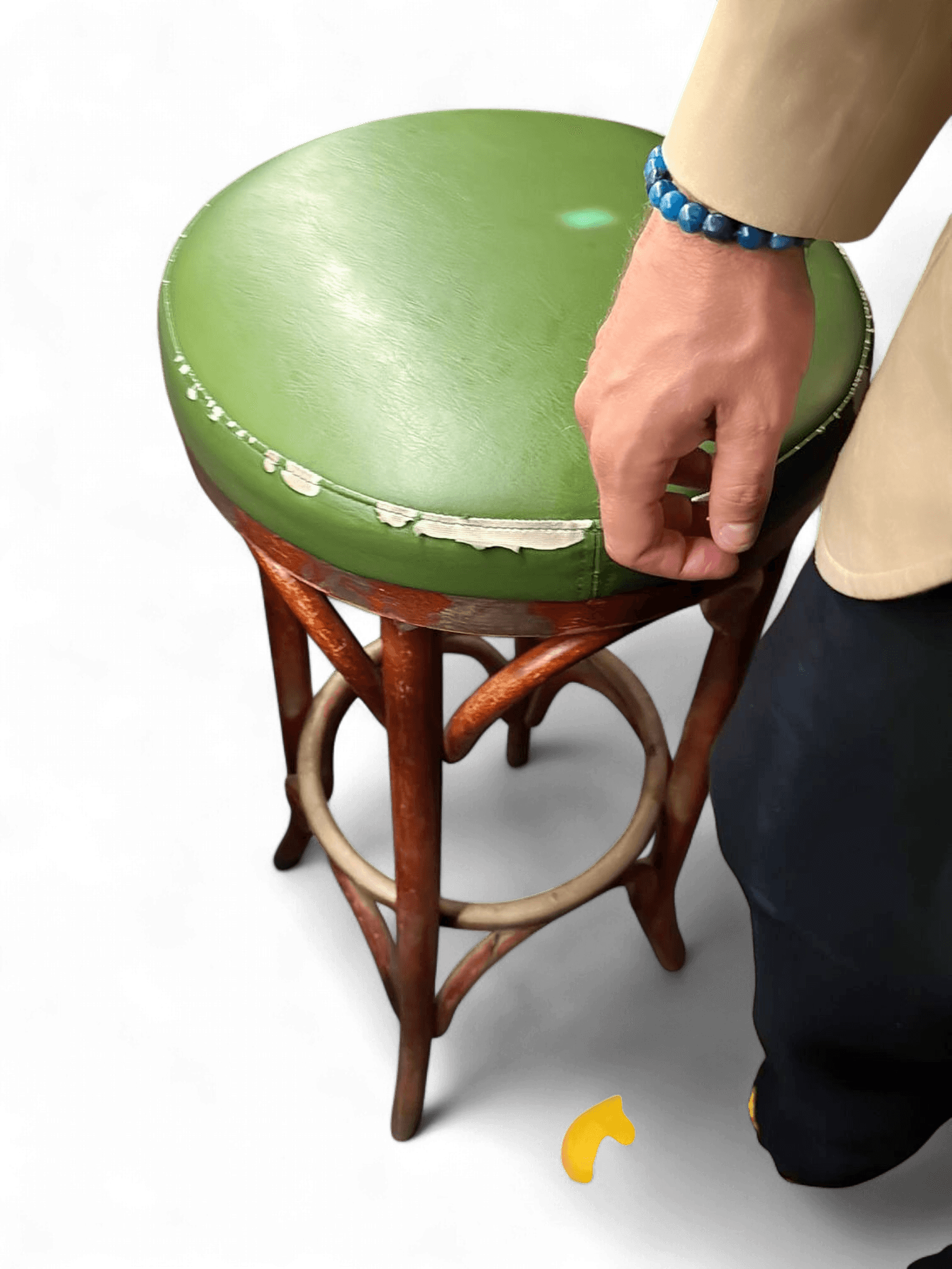 Vintage Wooden Bar Stool with Green Vinyl Seat 1