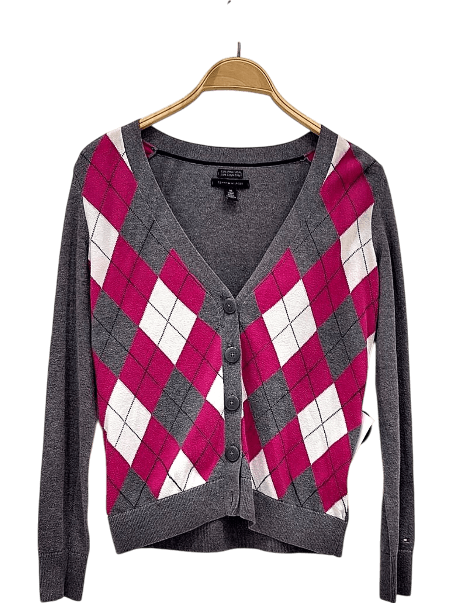 Tommy Hilfiger Grey Argyle Cardigan Sweater with Pink Pattern 1