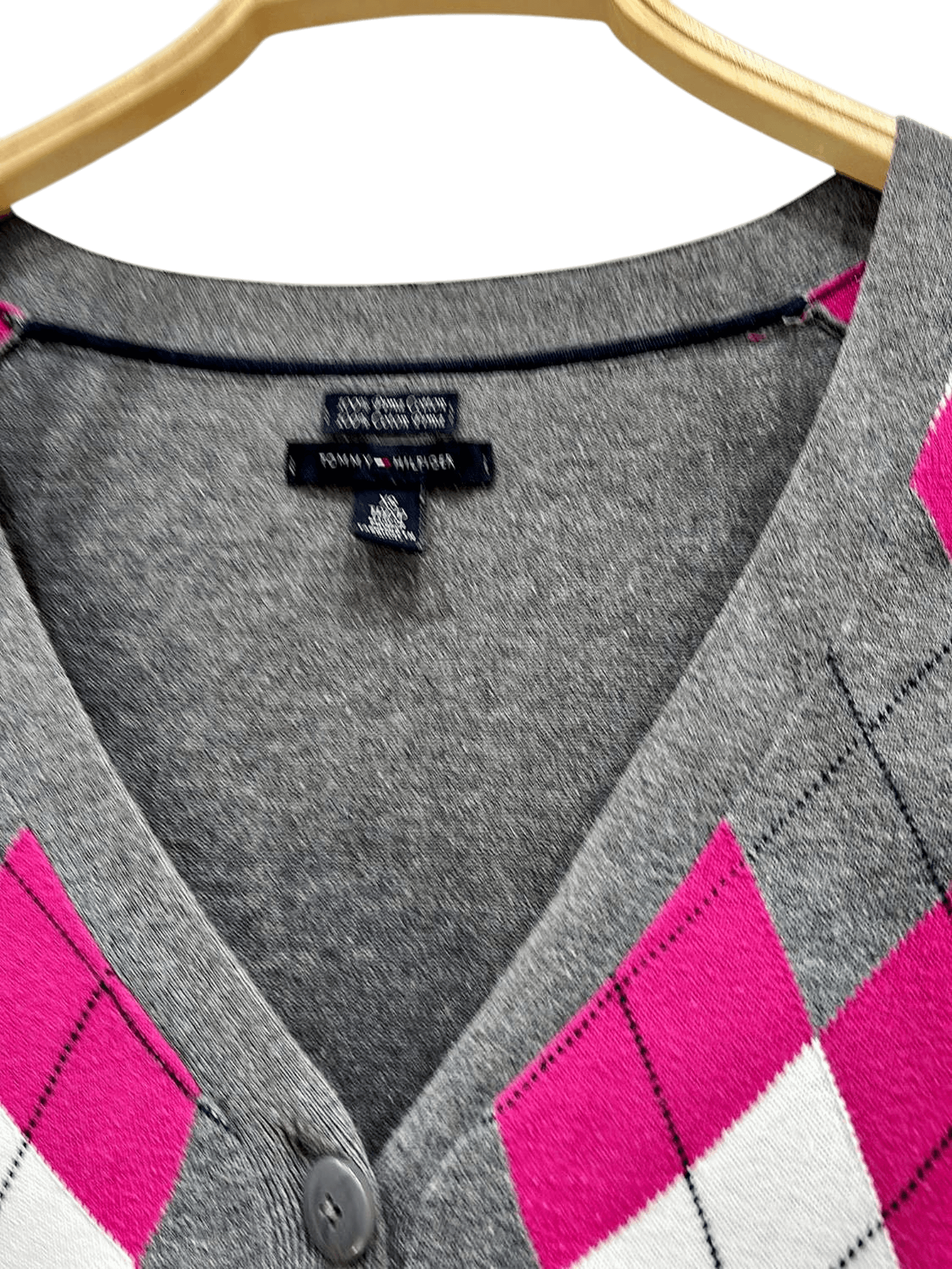 Tommy Hilfiger Grey Argyle Cardigan Sweater with Pink Pattern 2