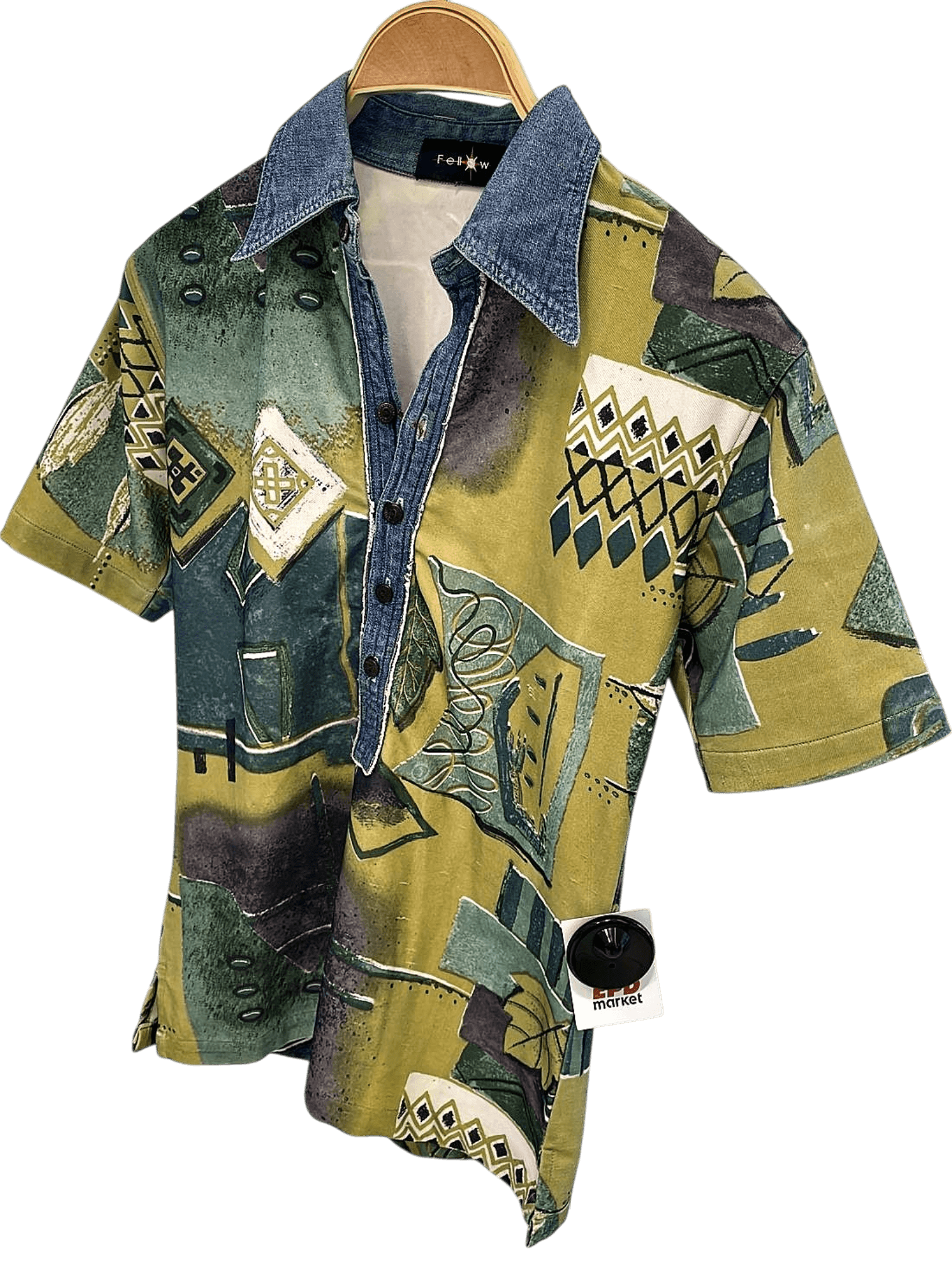 Follow Button-Down Shirt - Abstract Geometric Pattern with Denim Collar 1