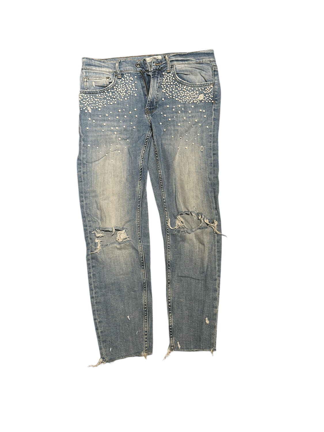 Light Blue Denim Jeans with Pearl Embellishment - Distressed Knee Detail 2