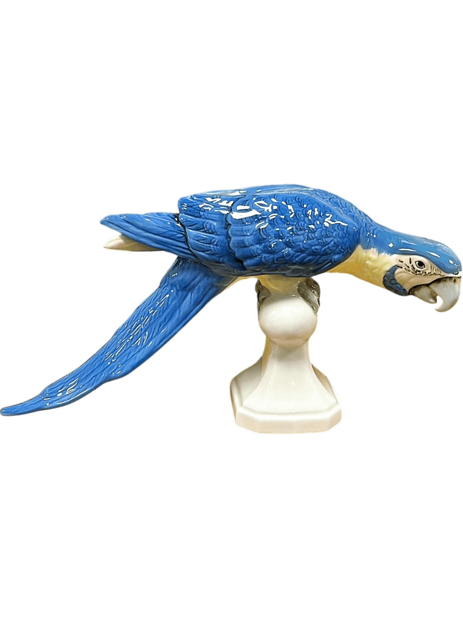 Dekorative Porzellan-Papageienfigur auf Sockel - Blauer Ara Vogel Skulptur 1