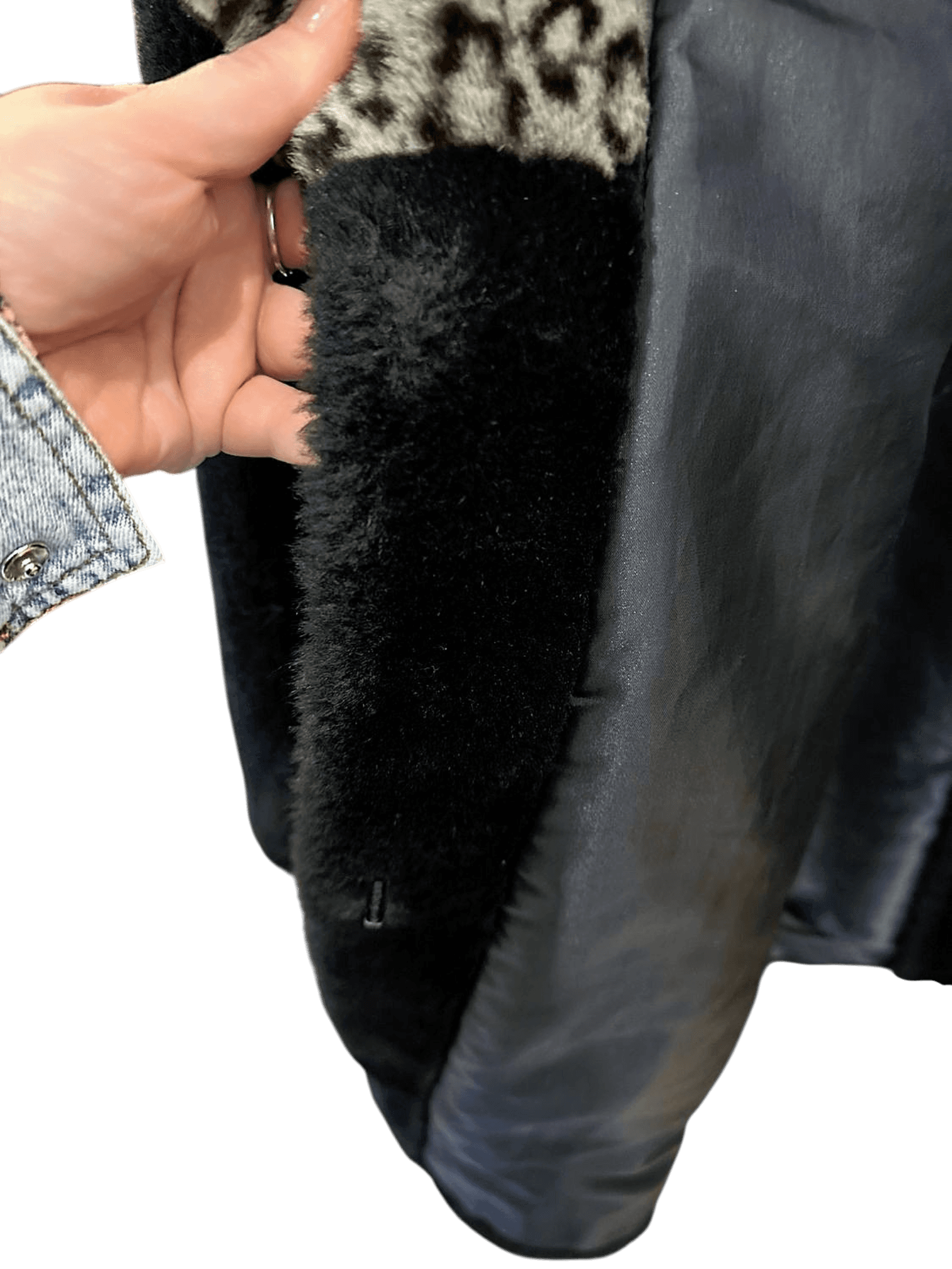 Elegant Black Faux Fur Coat with Leopard Print Collar 6