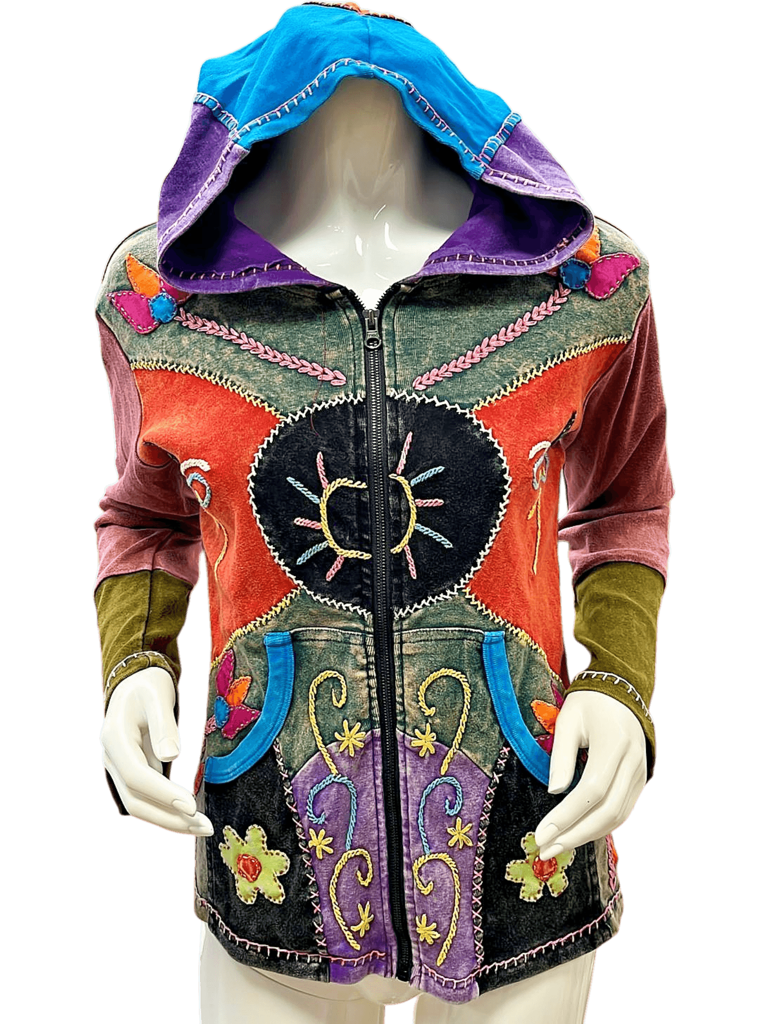BÄRES Handgefertigte Patchwork-Jacke mit Kapuze - Größe S/M 1