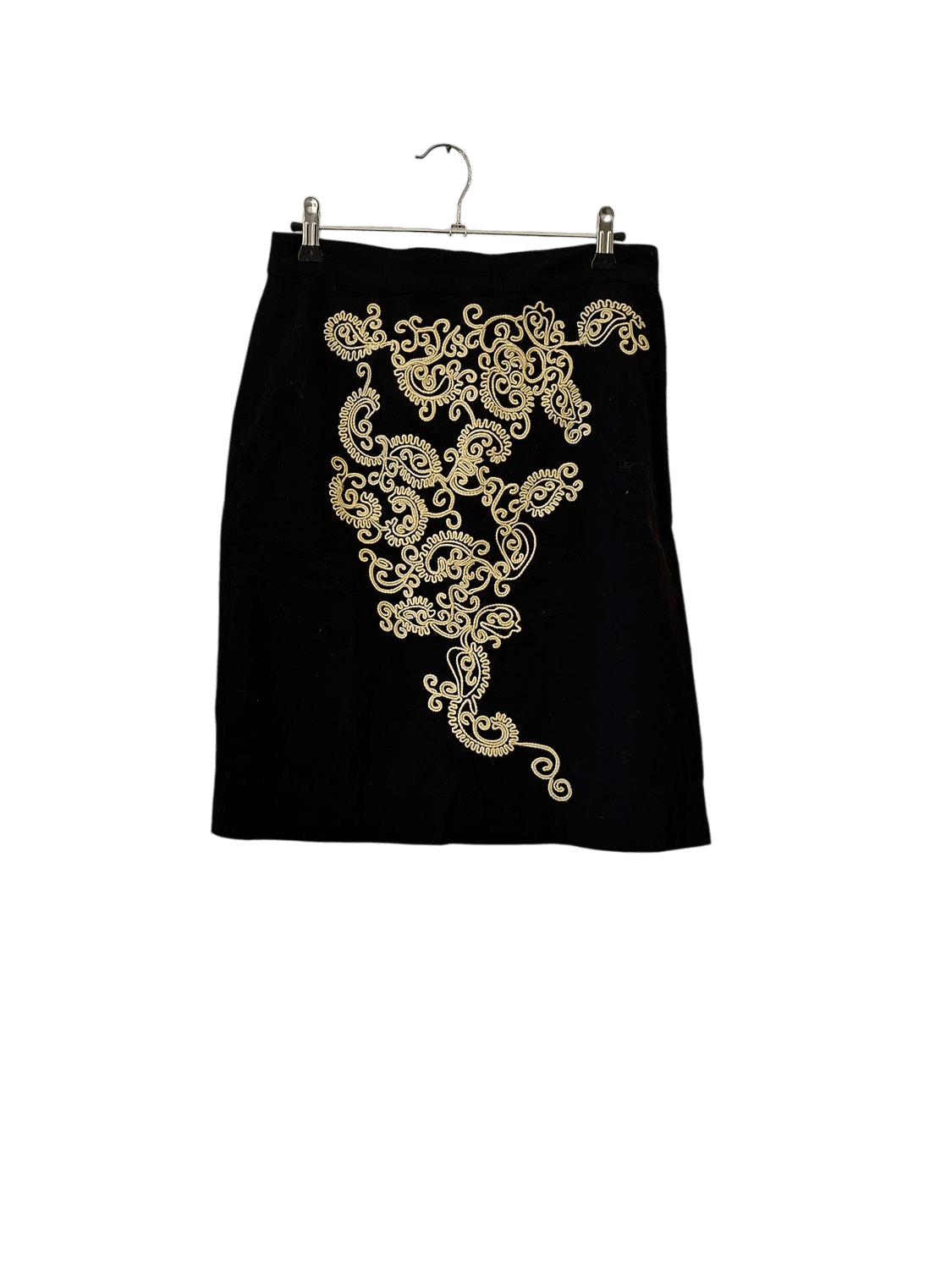 Floreal Black Cotton Pencil Skirt with Gold Paisley Embroidery - Size 6 2