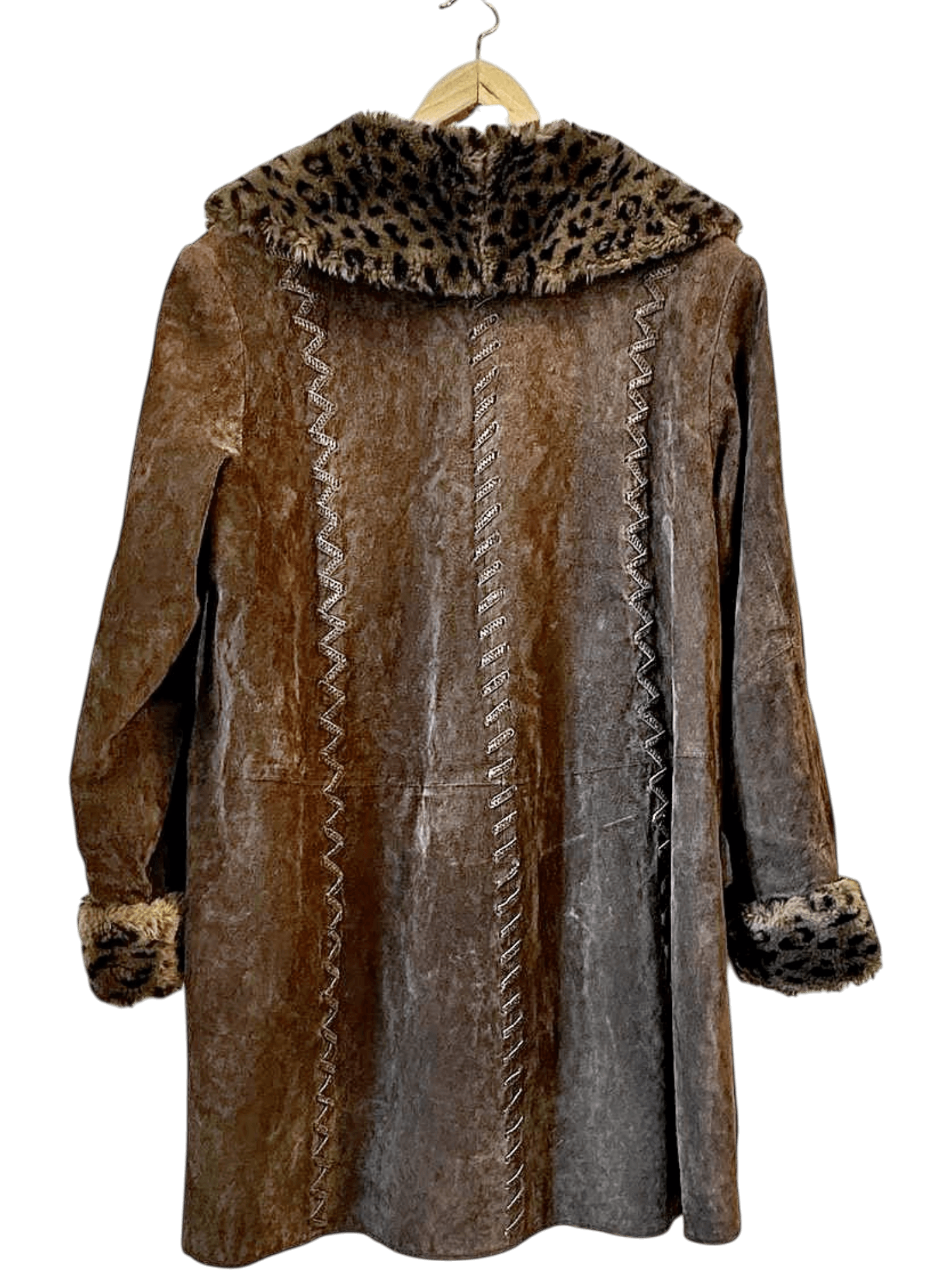 vintage 90s DINO'Z Brown Suede Coat with Leopard Print Fur Trim - Size 40 2