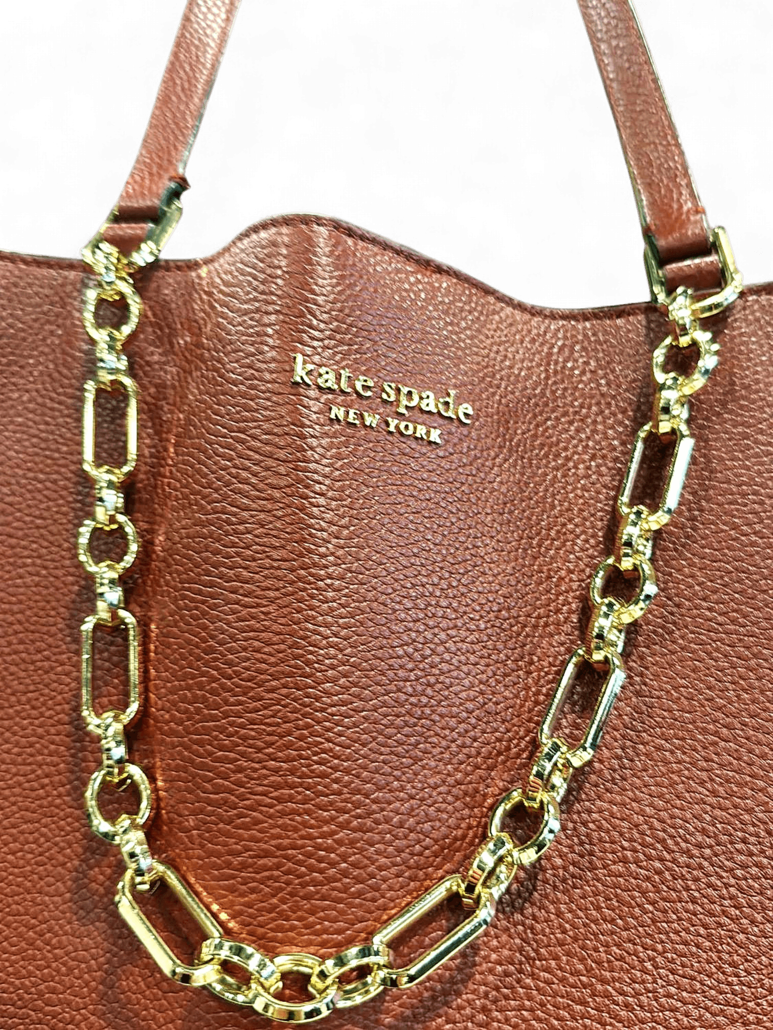 Kate Spade New York Brown Leather Tote Bag with Gold Chain Strap 2