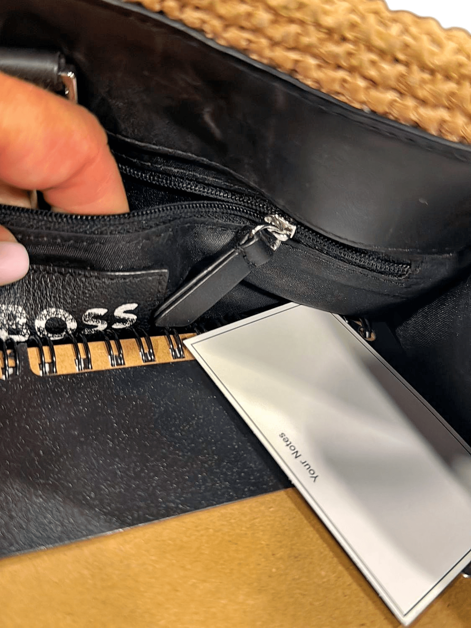 BOSS Straw Handbag with Black Leather Trim 2