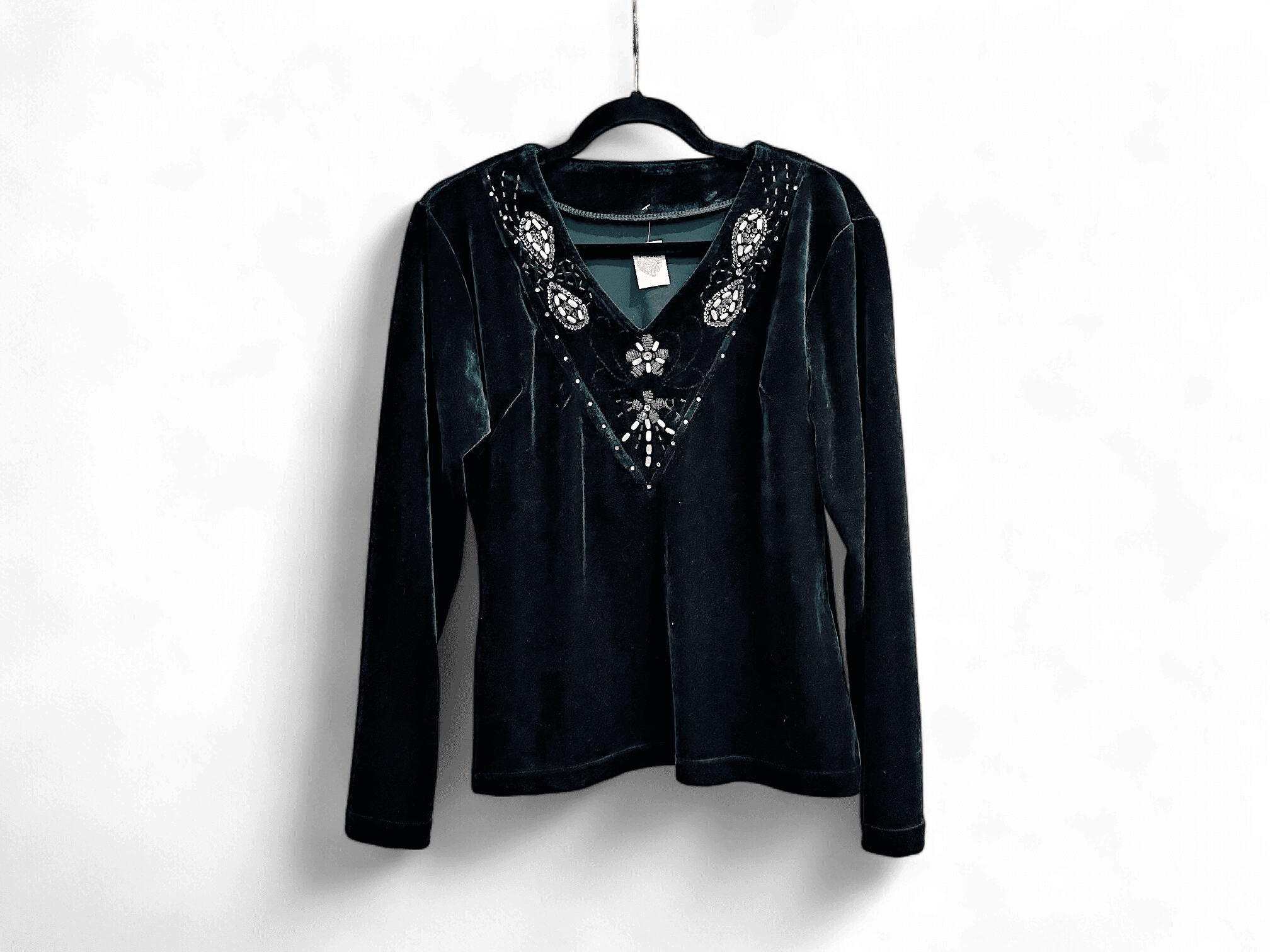 Vintage 80s Black Velvet Embellished V-neck Top 1