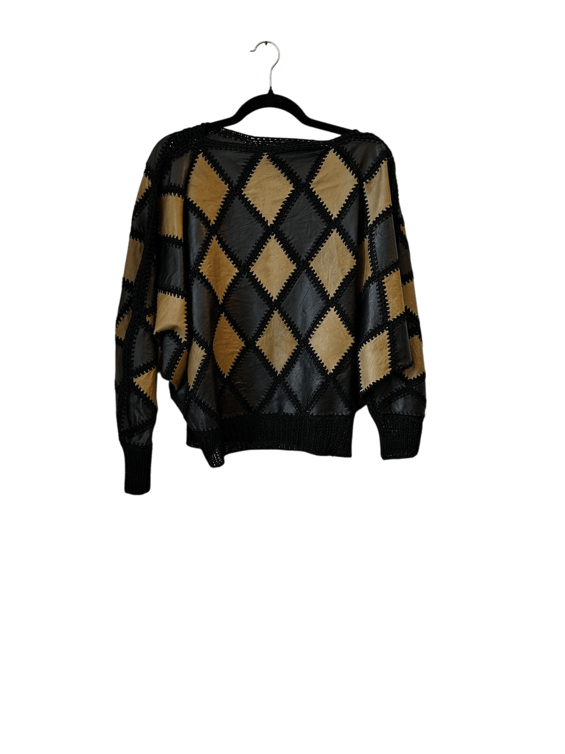 Vintage Leder-Pullover mit Rautenmuster - Schwarz/Beige 4