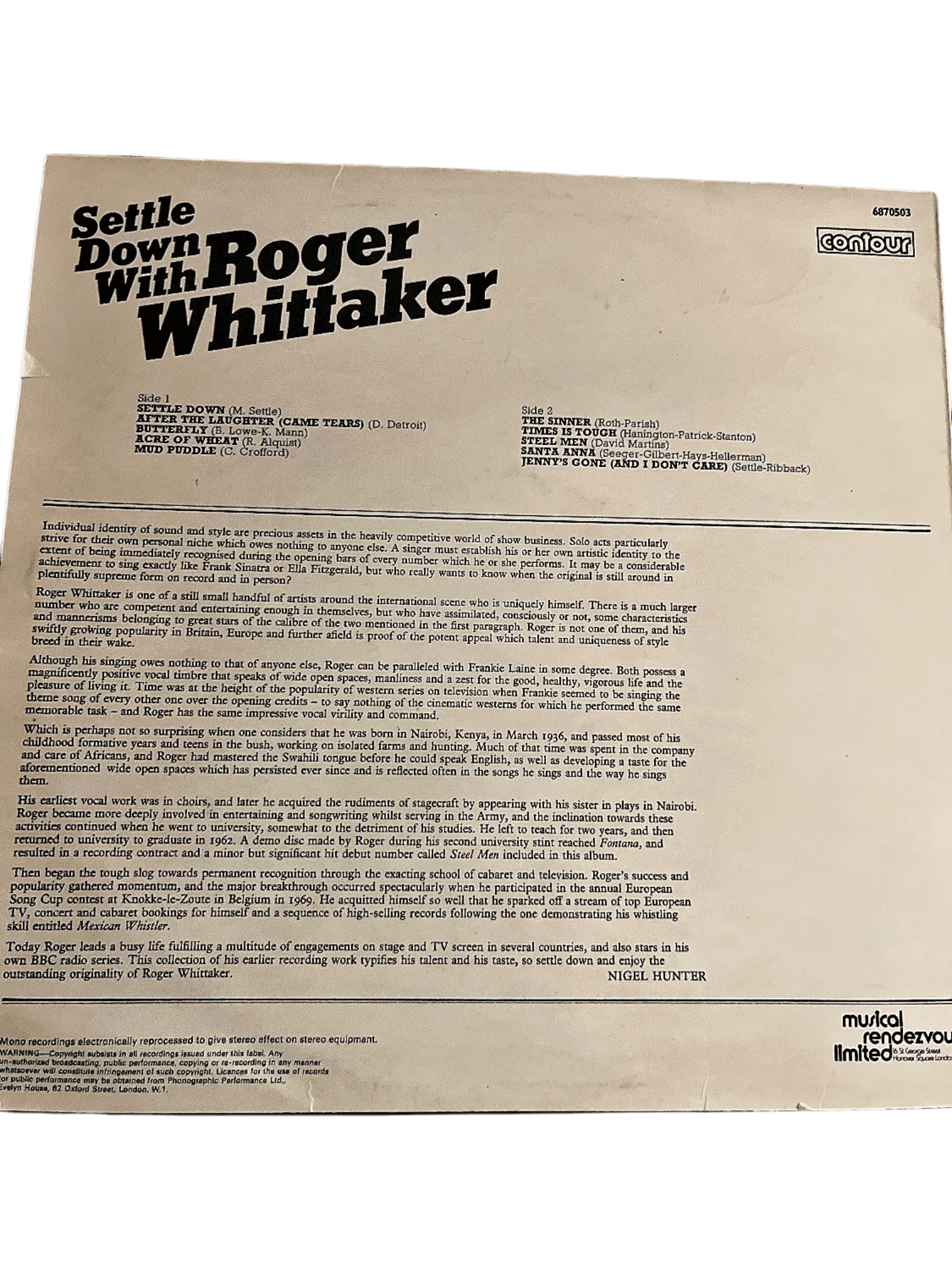 Vintage Roger Whittaker LP 'Settle Down With Roger Whittaker' - Folkmusik 2