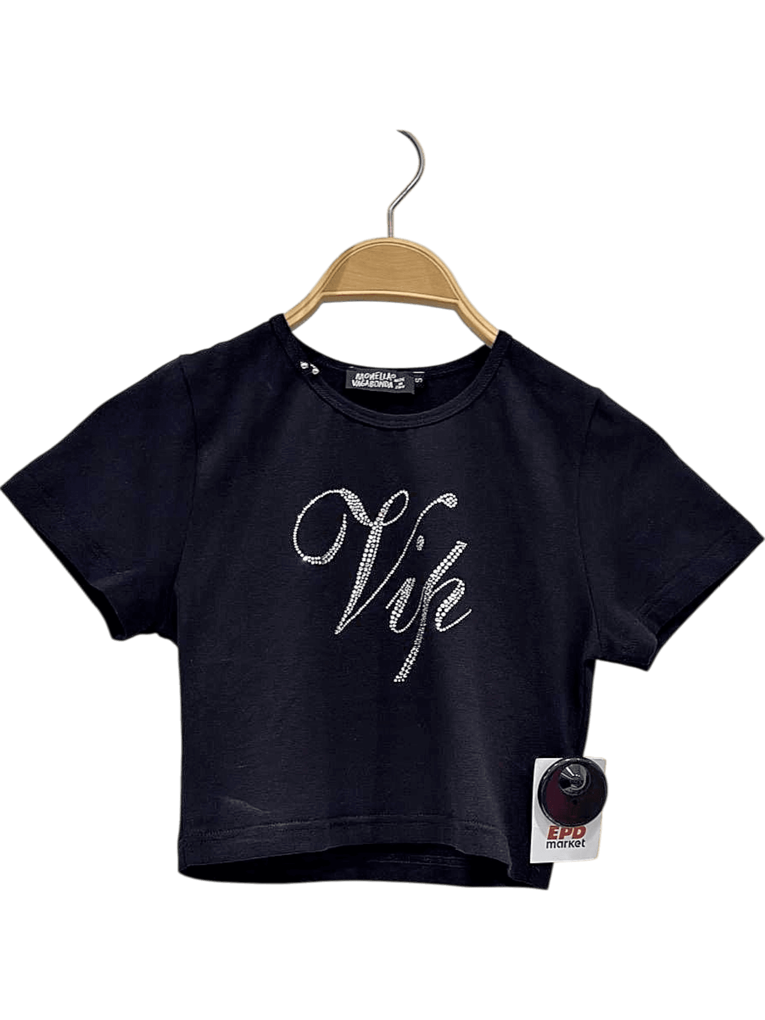 Monella Vagabonda Black Crop Top with Rhinestone 'Vip' Design - Size S 1