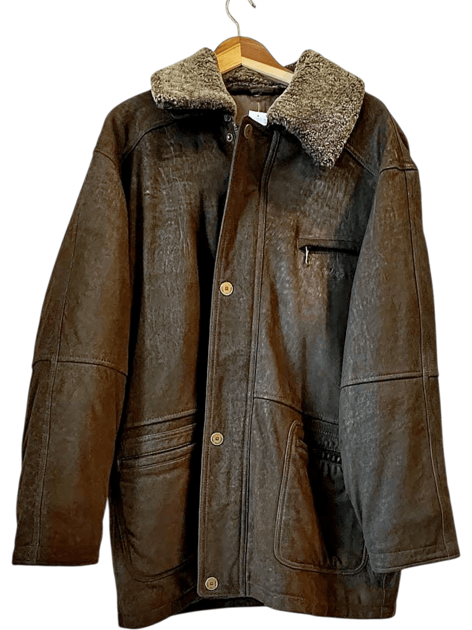 Camel Collection Brown Leather Jacket with Fur Collar - Size 54 1