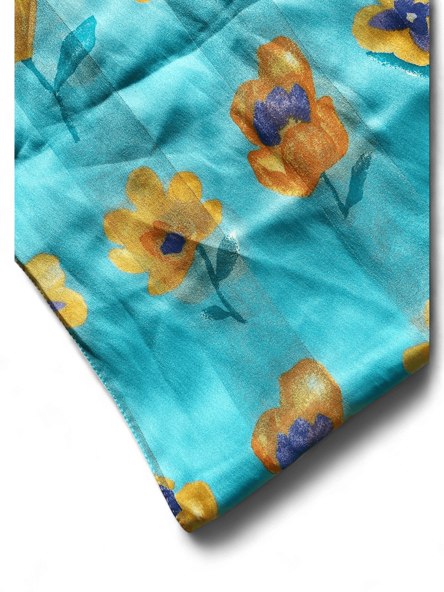 Floral Print Turquoise Silk Scarf with Yellow and Purple Flowers 3