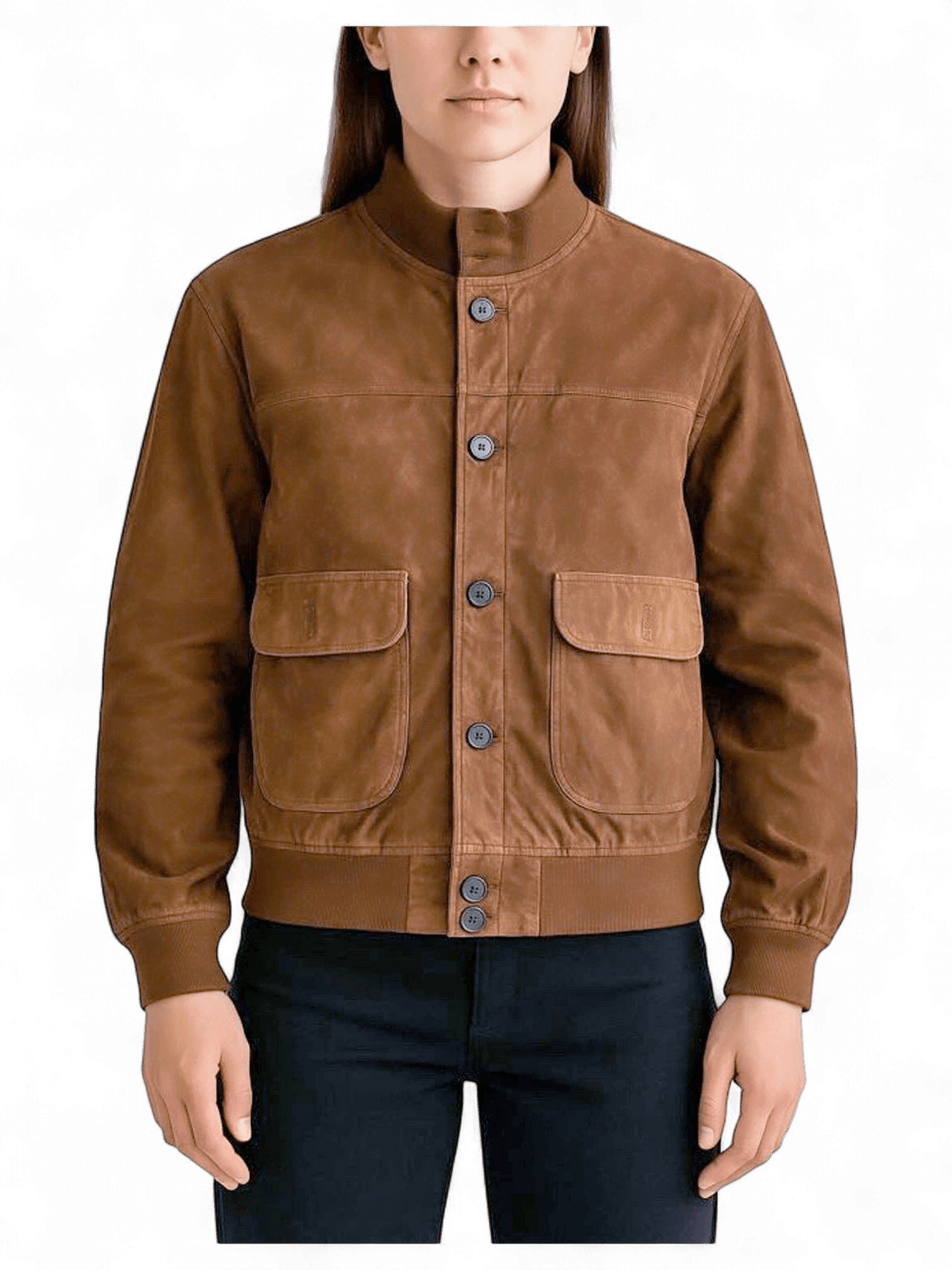 Brown Suede Bomber Jacket with Button Front 1