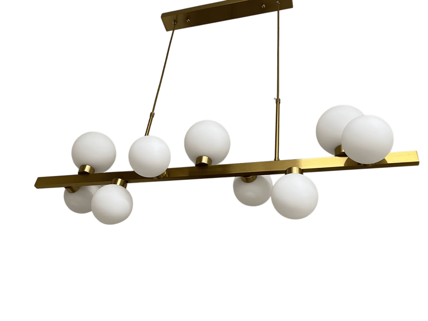 Modern Linear Chandelier with White Globe Shades and Gold Finish 3