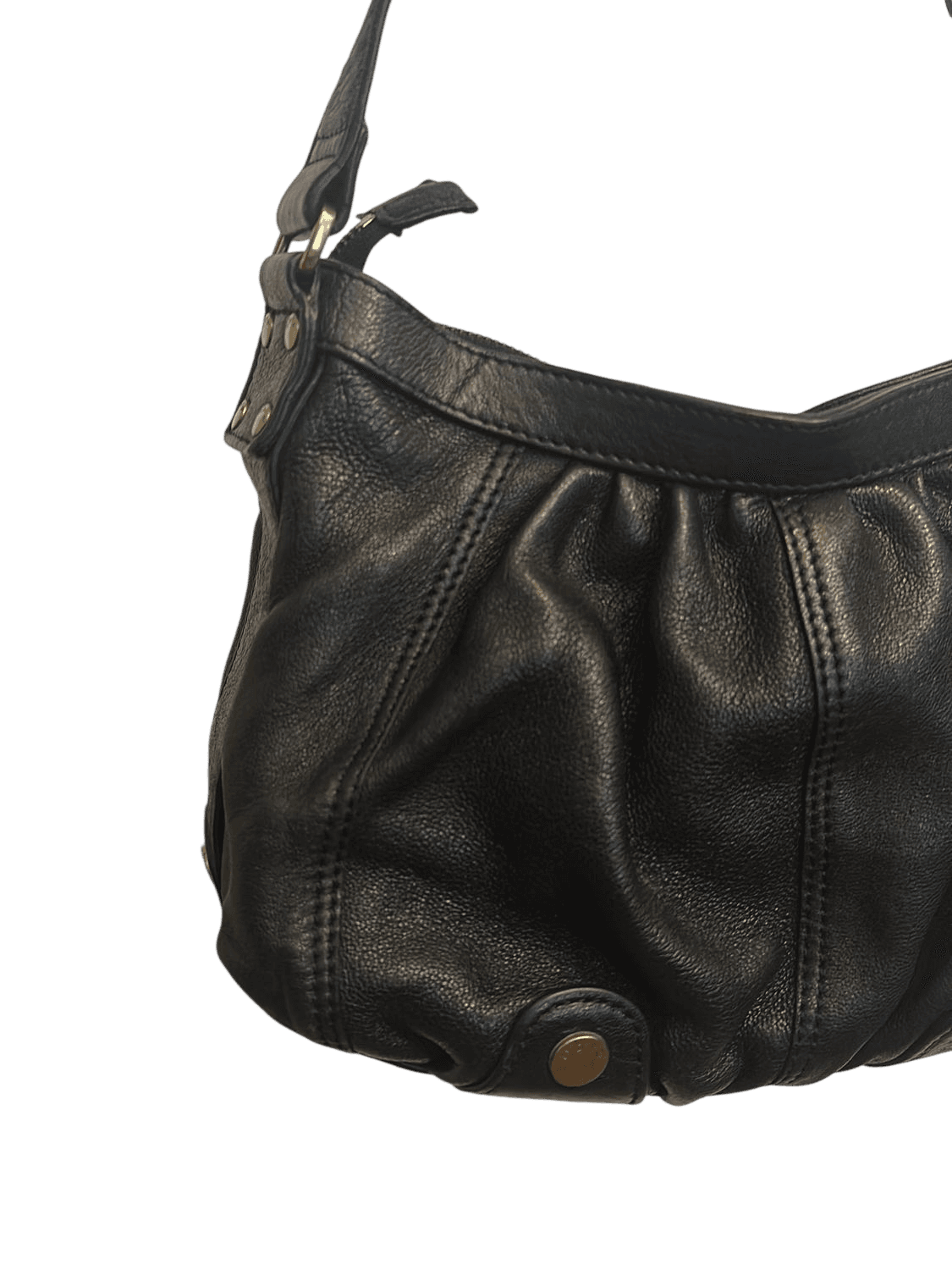 Black Leather Slouchy Shoulder Bag with Gathered Design 2