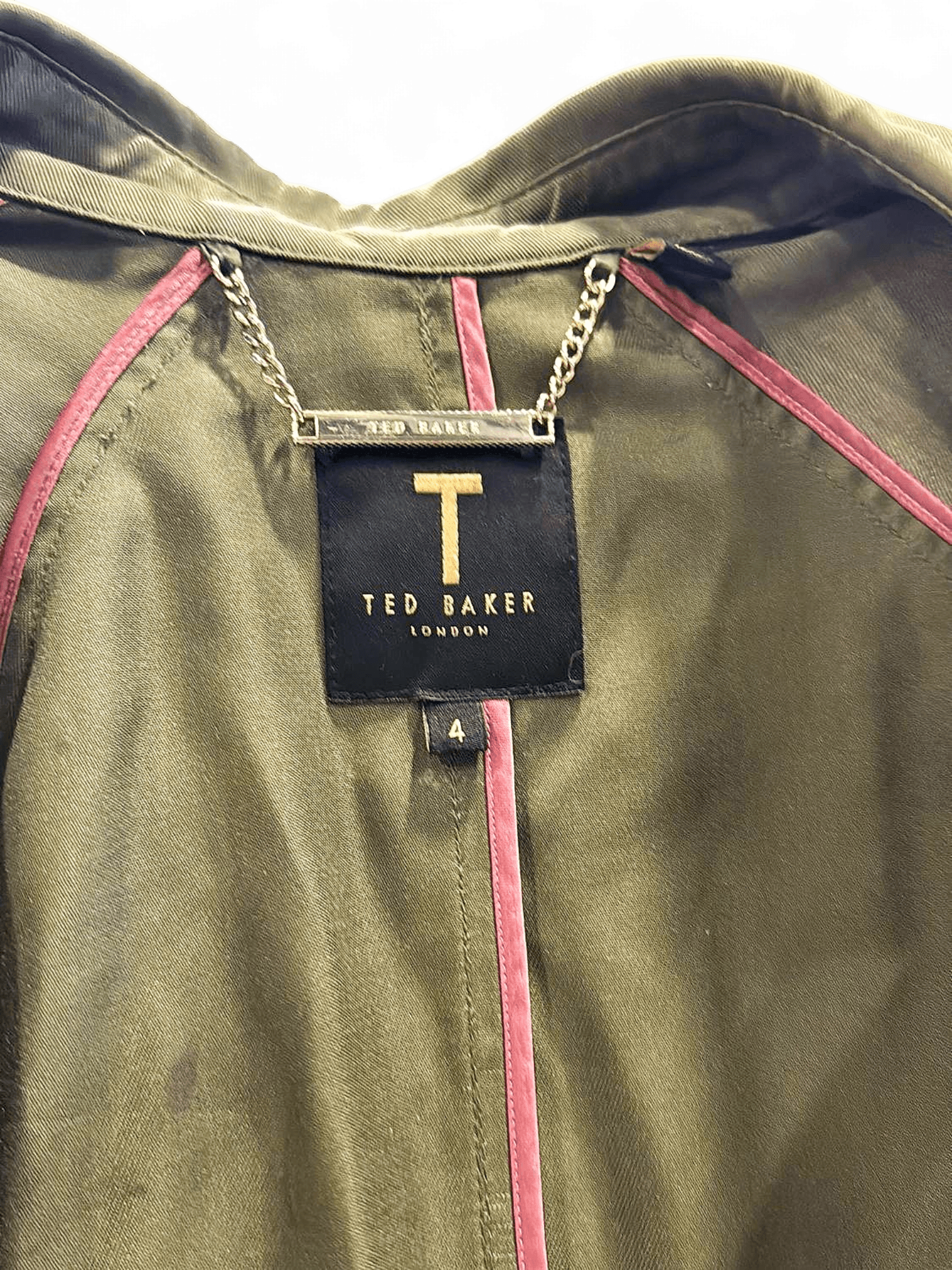 Ted Baker Olive Trench Coat with Pink Trim - Size 4 2