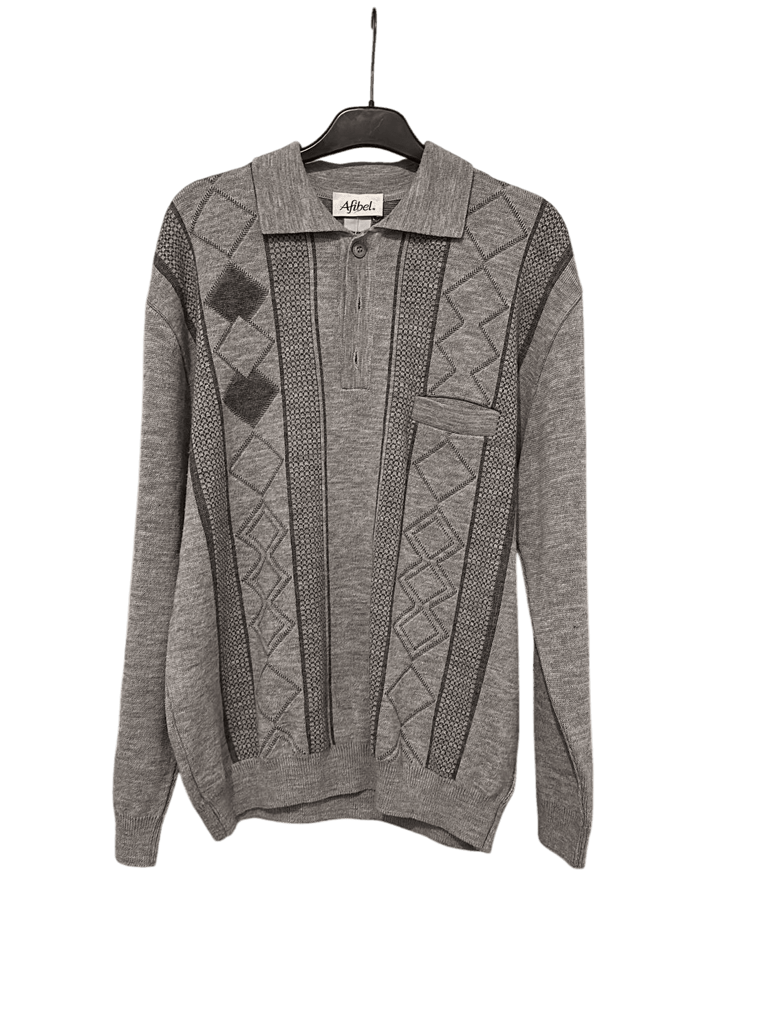 Afibel Grey Argyle Pattern Polo Sweater - Geometric Knit Design 1