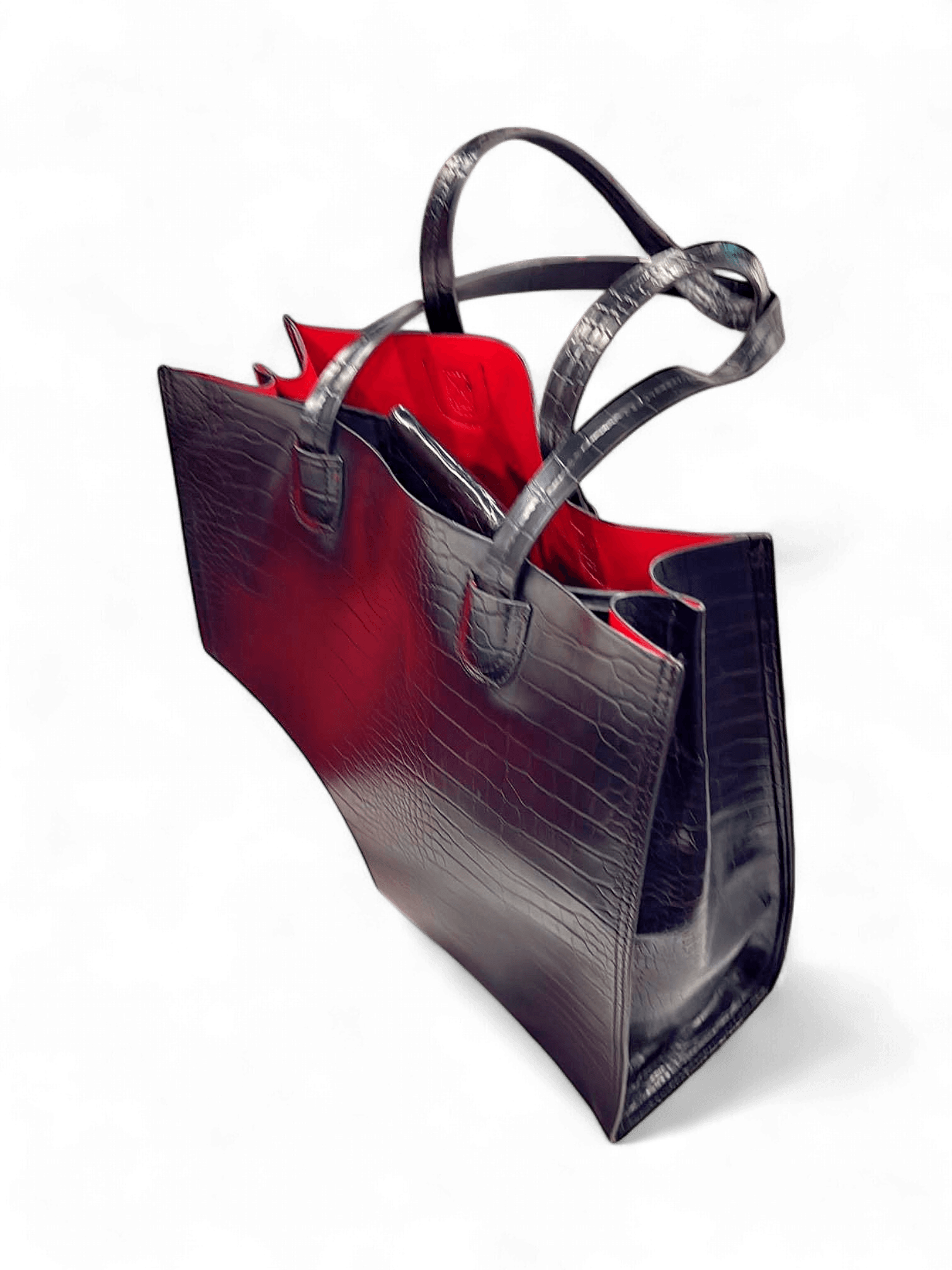 Black Crocodile Pattern Leather Handbag with Red Interior 1