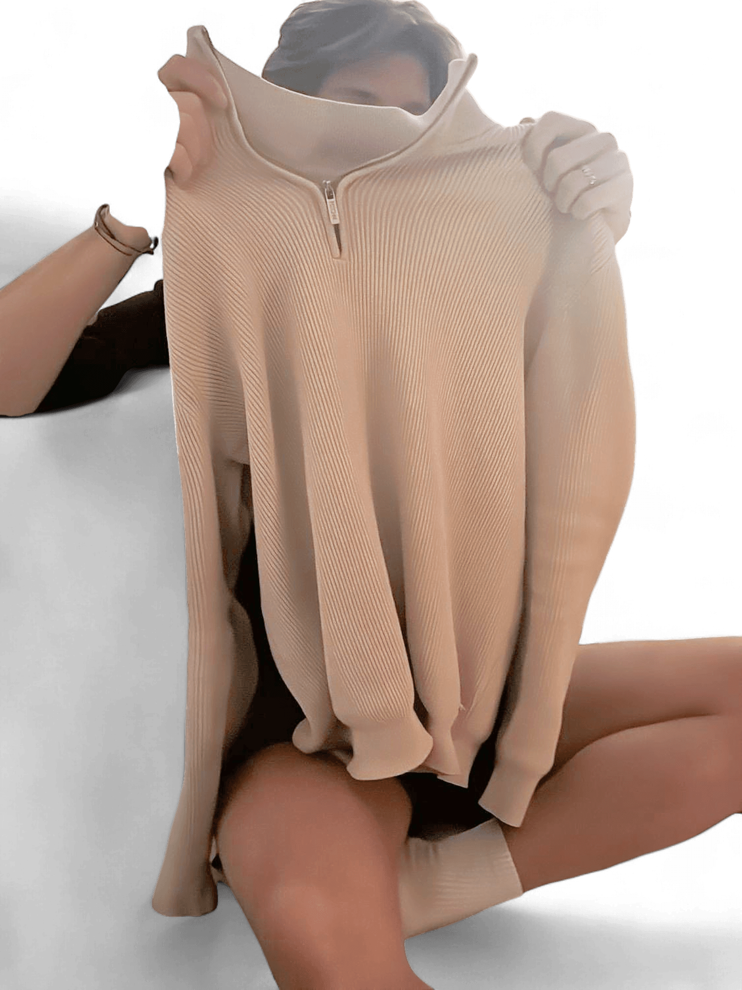 Beige Ribbed Turtleneck Sweater with Quarter Zip 2