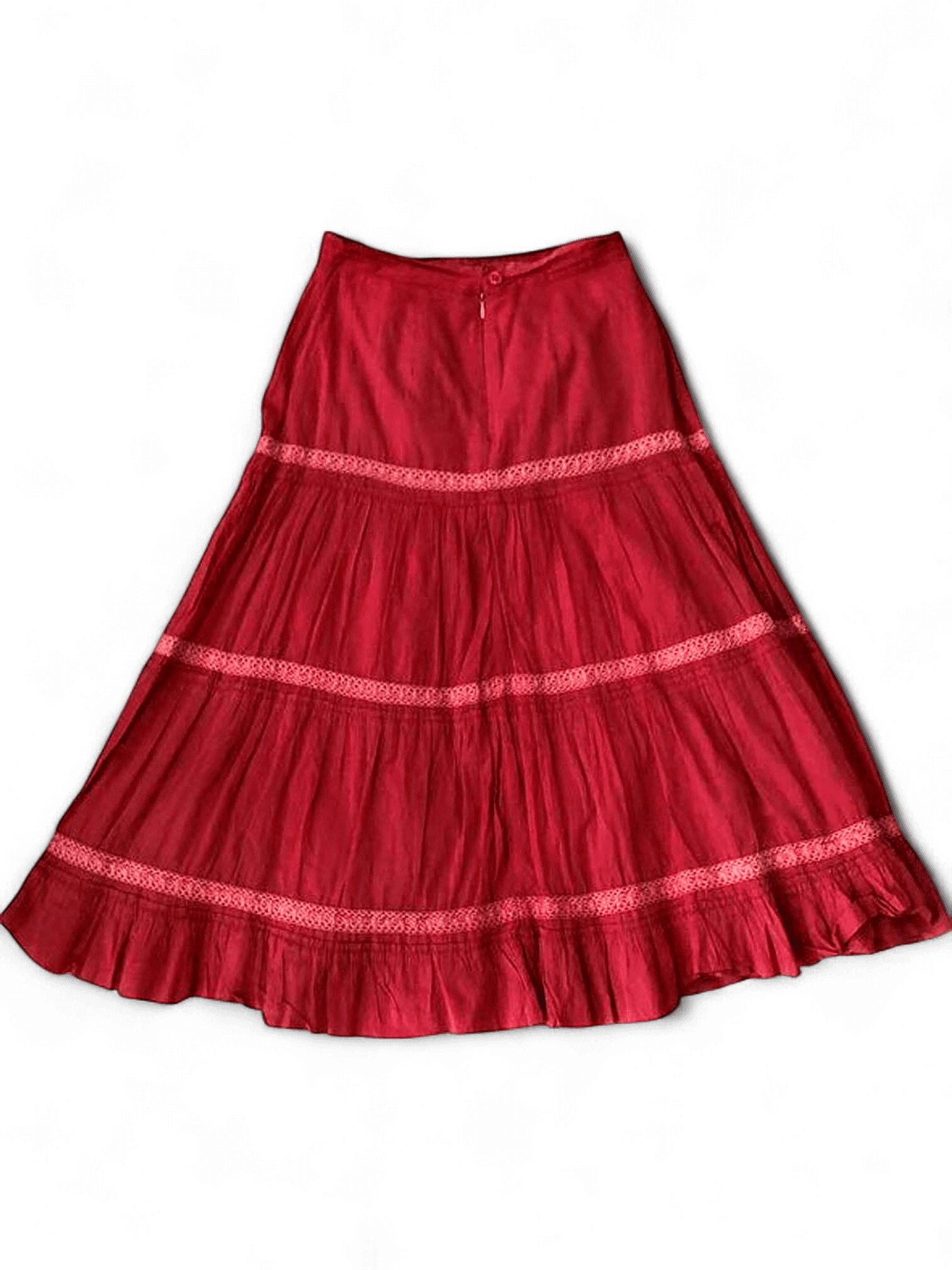 Red Tiered Midi Skirt with Decorative Trim - Bohemian Style 2